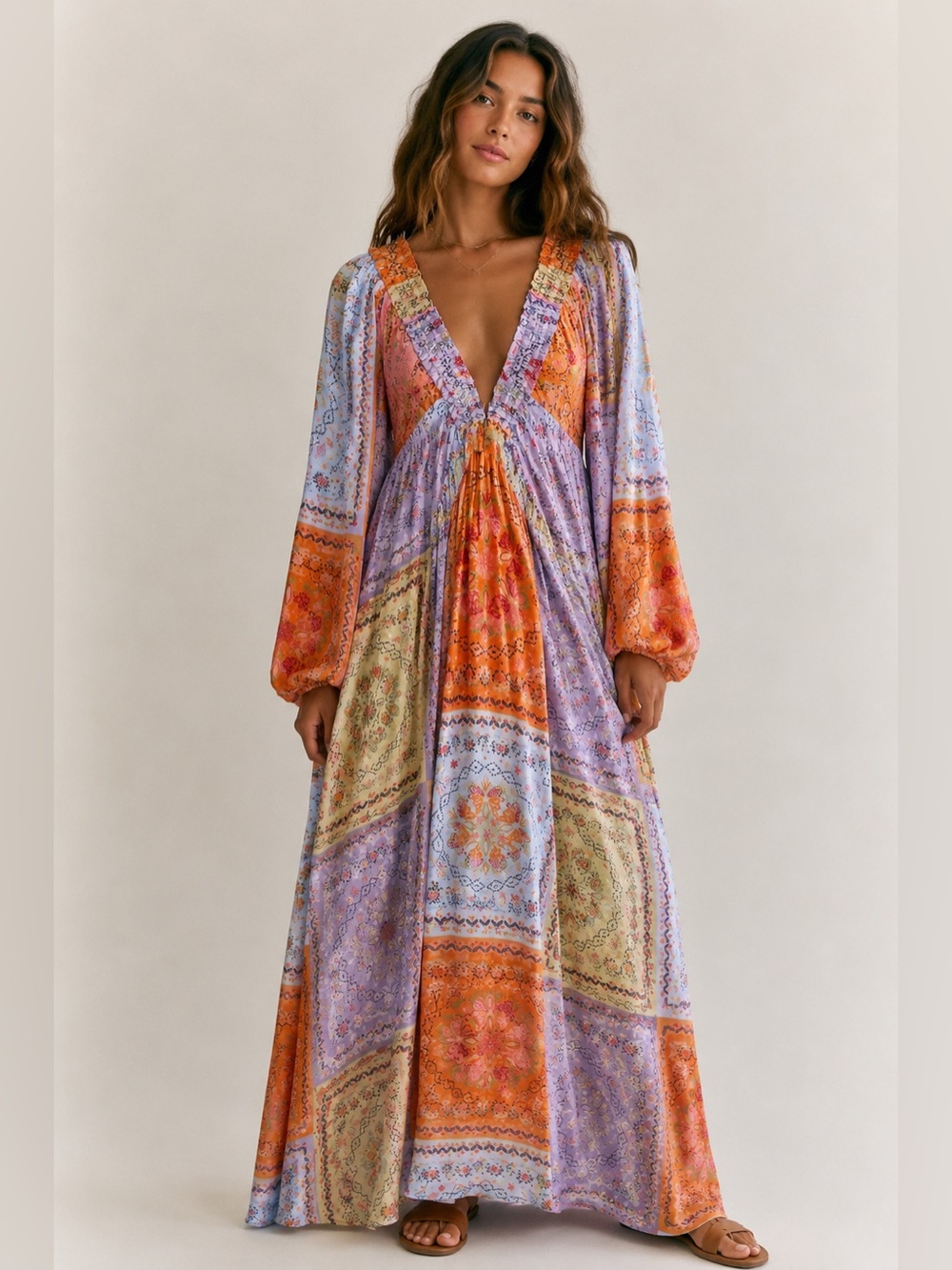 Sundress India Patchwork Boho Maxi Dress Balloon Sleeves Smocked V Neck M/L